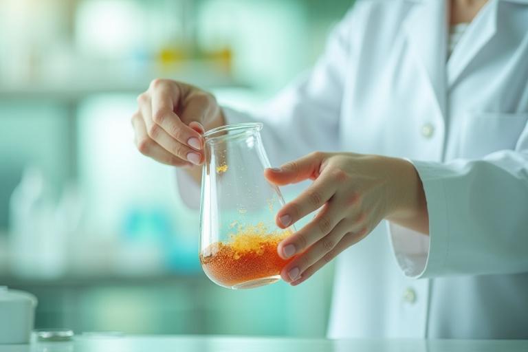 Close-up of hands mixing natural ingredients in a clean lab setting.