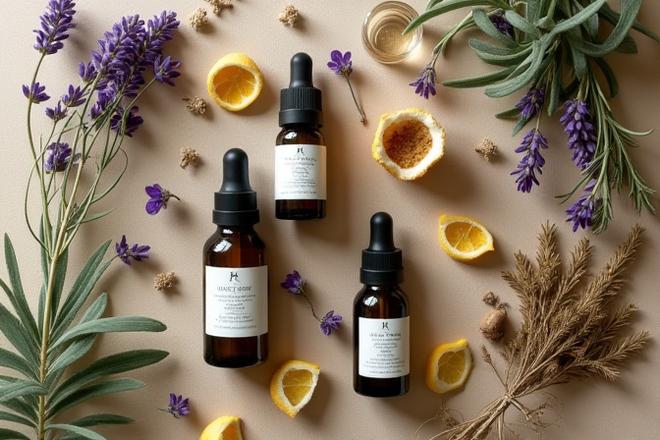 Herbal Gleam Custom Scent Blending, essential oil bottles and botanical ingredients with a company logo